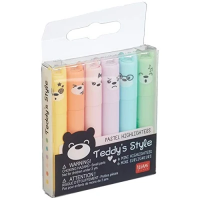 Bild av Legami Teddy&#039;s stil set med 6 mini markeringspennor, 1 x 7,5 cm, gul, persika, rosa, lila, ljusblå, ljusgrön, för precisionsmarkering och understrykning