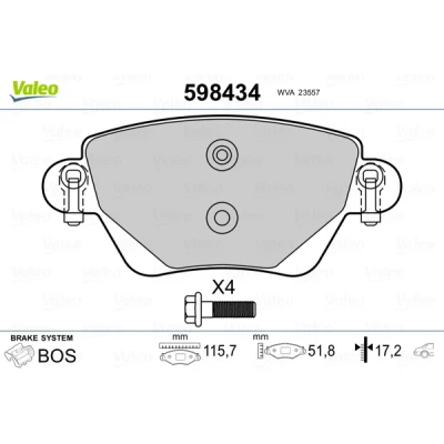 Bild av VALEO 598434 Jeu de plaquettes frein Essieu arrière contact signal d&#039;usure exclu avec kit vis fixation, sans tôle anti bruit