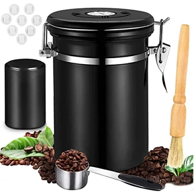 Bild av JOYBOY Kaffeburk lufttät 1800 ml, kaffebönor behållare förvaringsburkar i rostfritt stål med 60 ml minireseglas, datumtracker, 30 mätskopa och engångs CO ventil för kaffebönor, pulver, socker, te