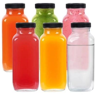 Bild av Winter Shore 475 ml Juiceflaskor i Glas med Lock [6 Pack] Återanvändbara Dryckesburkar, Svarta Tomma Juicebehållare för Vatten, Mjölk, Iste, Honung, Smoothies, Boba, Kombucha, Drinkar
