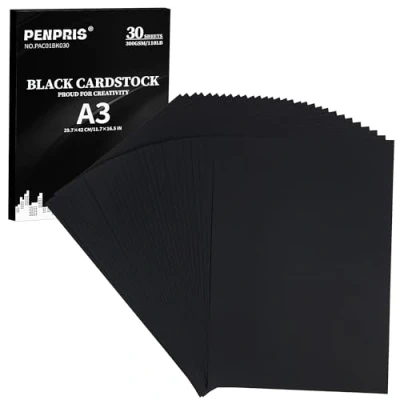 Bild av PENPRIS 300 gsm svart kartong 30 ark A3 storlek pappersskyddskort lager 100 kg tungvikt papper tjockt för gör det själv korttillverkning, inbjudningar, vykort, visitkort PAC01BK030