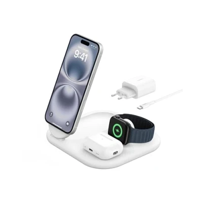 Bild av Belkin BoostCharge 3 i 1 magnetisk hopfällbar Qi2 laddare 15 W MagSafe kompatibel laddare, för Apple iPhone 16, 15, 14, 13, 12, Watch, AirPods, strömförsörjning medföljer Vit