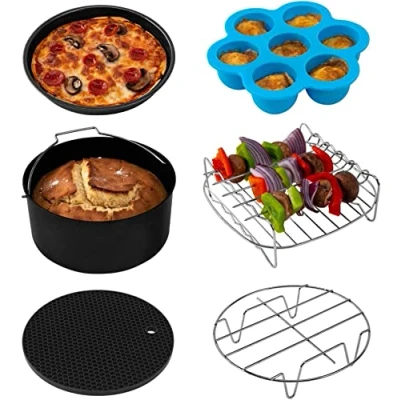 Bild av COSORI Tillbehörsset för luftfritös, passar alla märken, 5,5 l, paket med 6 inklusive kakform, pizzaform, metallhållare, multifunktionsställ spett, silikonmatta/äggbett, form lock