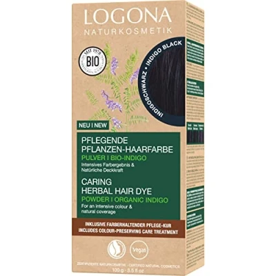 Bild av LOGONA Naturkosmetik närande vegetabilisk hårfärg, veganskt hårfärgspulver med ekologisk indigo för intensiv färg och glans, växthårfärg i indigosvart (svart), 1 x 100 g