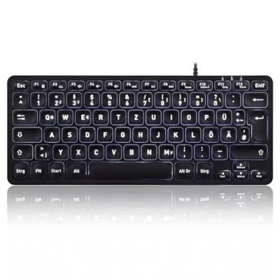 Bild av Perixx PERIBOARD 332 trådbundet mini USB tangentbord med bakgrundsbelysning, smal design stora teckenknappar, platta knappar vit LED, tysk QWERTZ layout