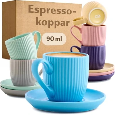 Bild av Cosumy Espressokoppar med handtag Set om 6 st 90ml fat Unikt randigt mönster Matt keramikfärgad Tål maskindisk
