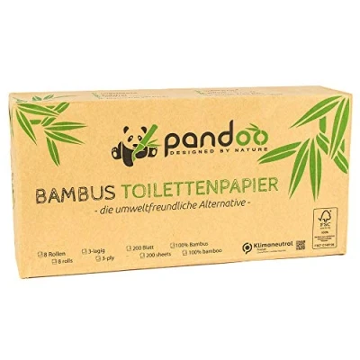 Bild av Pandoo 100 % bambu toalettpapper träfritt i plastfri förpackning, bambutoalettpapper 3 lager och gosigt mjukt 12 x 8 rullar á 200 ark (96 rullar)