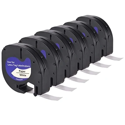 Bild av LEYF 6 stycken etikettband, kompatibla med Dymo 91200, 12 mm x 4 tejp för LetraTag LT 100H, 100H Plus, 100T, 100T 2000, QX50, XM, XR, vattentät, svart på vitt