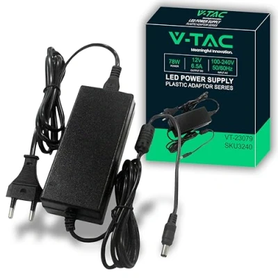 Bild av V TAC 12 V, 70 W, 6,5A strömförsörjningsadapter för kameror, LED remsor, modem transformator laddare 2 stifts EU kontakt elektronisk utrustning AC 100 240 50/60Hz svart
