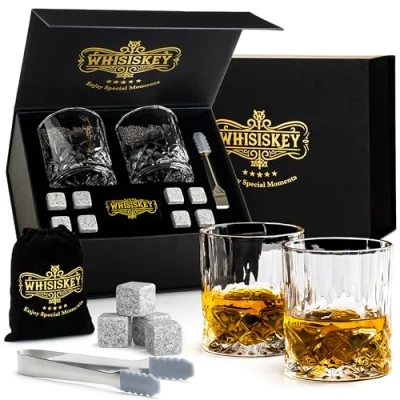 Bild av WHISISKEY Whiskyglas Set Whisky Gåvoset Whiskeyglas Present till Män Presentidéer för Födelsedagspresent Man Presentlåda, 2 310ML, 8 Whiskystenar, Tillbehör