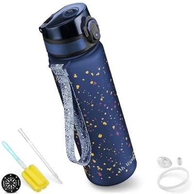 Bild av My Vesperbox, Minny Klecks, läckagesäker drickflaska för barn, med sugrör eller sil, 500 ml, BPA fri, dagis, skola (blå, fläckig, ml)