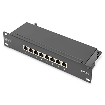Bild av DIGITUS CAT 6A patchpanel 8 portar RJ45 uttag 10 tums rackmontering 1U LSA distributionspanel skärmad svart