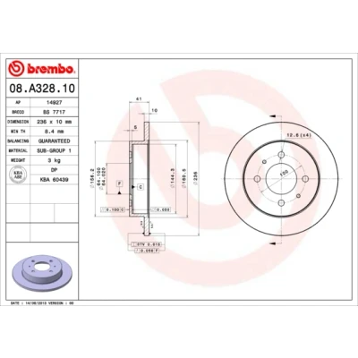 Bild av BREMBO 08.A328.10 Disque de frein 236 10 4 plein MITSUBISHI: COLT 4, Lancer 6 Limousine, Carisma 5 portes