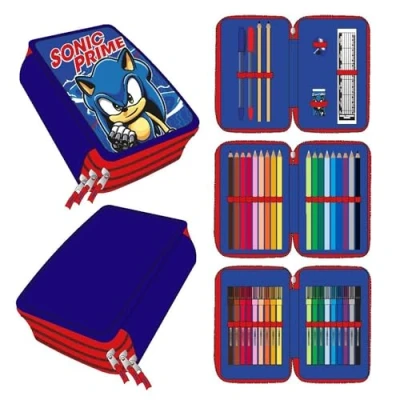 Bild av Sonic fodral med 3 fack blå färg 12,5 x 6,5 19,5 cm tillverkad av 100% polyester dragkedja inkluderar tillbehör originalprodukt designad i Spanien, Blå, Pennfodral
