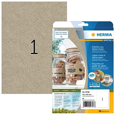 Bild av HERMA 10758 Universella etiketter av gräspapper, 20 ark, 210 x 297 mm, 1 per A4 stycken, självhäftande, tryckbara, matt, blankt silfipapper, självhäftande etiketter, naturbrunt