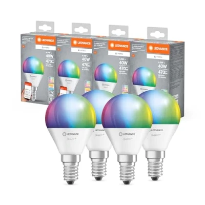 Bild av LEDVANCE SMART+ MATTER LED ljuskälla, kompatibel med Google, Alexa, Apple, vit frostad, 4,9W, 470lm, E14 sockel, färgljus, vitt ljus, app eller röststyrning, livslängd upp till 20 000 timmar,4 pack