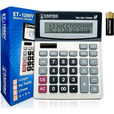 Bild av Empire Desk Calculator med stora nyckelknappar, 12 siffror, stor ögonvinklad skärm, sol och batteridriven för hem kontor (batteri ingår)