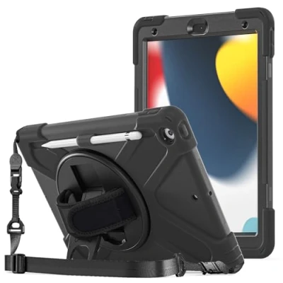 Bild av ProCase fodral med pennhållare rem handrem för iPad 10,2 tum 2021 9th /2020 8th /2019 7:e genen, skyddsfodral pennhållare, stötsäkert robust hybridfodral svart