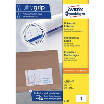 Bild av AVERY Specialform 6135 universaletiketter (med bärhandtag, 210 x 148 mm på DIN A5 quer, papper matt, tryckbar, självhäftande, 200 självhäftande etiketter ark) vit