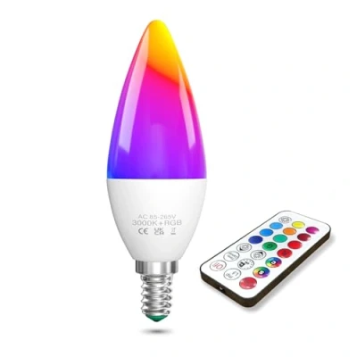 Bild av TobeBright E14 LED Färgbyte Glödlampa, 3W RGB Glödlampa med Fjärrkontroll Dimbar Varmvit 3000K + C35 Färgade Glödlampor, 40W Motsvarande, Minne och Tidsfunktion, 1 pack