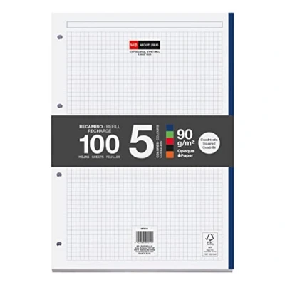 Bild av Miquelrius Refill Pad limmade ark, 5 ränder av intensiva färger, 100 kvadratiska ark på mm, A4 storlek, papper 90 g, med 4 hål