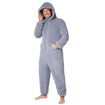 Bild av CityComfort Vuxen Onesie för män tonåringar mysiga nattkläder huva fluffig fleece onesies M 3XL vardagskläder gåvor till honom, Grå, XXL