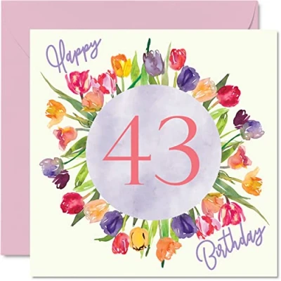Bild av Vackra 43:e födelsedagskort för kvinnor akvarell tulpaner blommor bukett grattis på henne mamma moster syster vän födelsedagspresenter, 145 mm x härliga blommiga gratulationskort present
