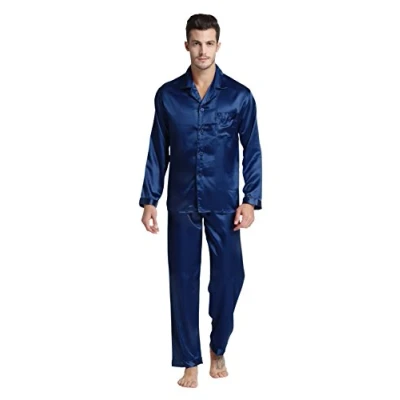 Bild av Tony &amp; Candice herrpyjamas lång klassisk satin pyjamas, blå, XL