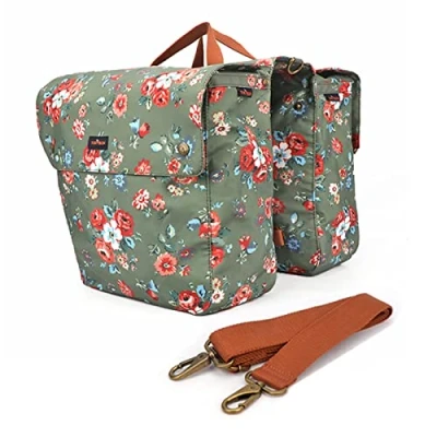 Bild av Tourbn TOURBON Vattentät kanvas cykel baksäte bärare bagage förvaringsväska cykling dubbel upprullad cykelväska bakpack (blommönster), grön, 33 x 12,5 30 cm (T TB748CA FL)