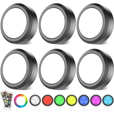 Bild av MOUJUCHI Puck lampor, RGB underskåp lampor trådlösa LED batteridrivna under skåp dimbar nattlampa med fjärrkontroll för kök garderob trapphylla, 6 pack