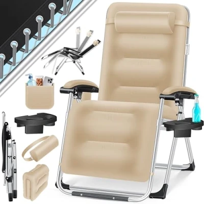 Bild av KESSER® Solstol, hopfällbar XXL trädgårdsstol, väderbeständig, lastbar 200 kg, ergonomisk stoppning, justerbart ryggstöd inklusive nackkudde, mugghållare och armdyna med tak, antracit