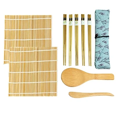 Bild av BluVast sushi set, matta, tillverkare för nybörjare, 10 delar 2 sushimatta, 1 risströare, paddling, 5 ätpinnar, förpackningspåse, gör det själv sushiset