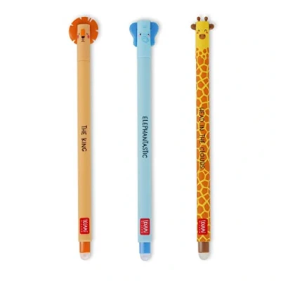 Bild av Legami Raderbar gelpenna, slutboll för att ta bort bläck utan konsumera arket värmekänsligt svart Savannah kollektion Lion, giraff, elefant