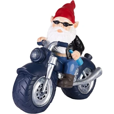 Bild av BRUBAKER Motorcykel Trädgårdstomte Svart Gnome Motorcyklist Biker med Ölflaska Rolig Rocker Trädgårdsfigur Väderbeständig Dekoration för Trädgård Camping och Utomhus 28 cm