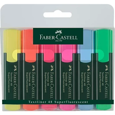 Bild av FABER CASTELL 154806 Överstrykningspennset 48, ask om 6, neonfärger, med långtidshållbar kilspets, linjebredd 1 5 mm, refill