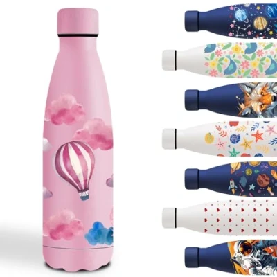 Bild av termisk vattenflaska, 500 ml, anpassad flaska, läckagesäker metallflaska, stålflaska, för skola, kontor, camping, cykling, ballong rosa