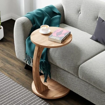 Bild av [en.casa] Holeby Sidobord i C form, mobilt soffbord, vardagsrumsbord, 56 x Ø 38 cm, träutseende
