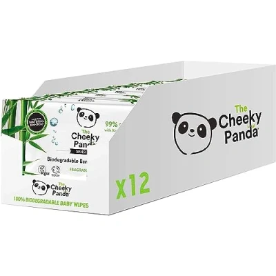 Bild av The Cheeky Panda Bamboo biologiskt nedbrytbara babyvåtservetter multipack 99% renat vatten, lämplig för känslig hud Dermatologiskt testad, 60 stycken (paket med 12) (förpackningen kan variera)