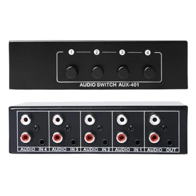 Bild av Aux ljudbrytare, ljudvideo splitter 4 i 1 out, ljudswitch, ljudurvalslåda, dubbelriktad ljudomkopplare 3,5 mm + RCA L/R, passiv ljudbrytare för hörlurar telefon ljudsystem