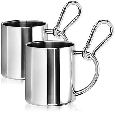Bild av COM FOUR® 2x kaffemuggar av rostfritt stål termiska dryckemuggar högkvalitativt dubbelväggiga isoleringsmuggar (silverfärgad 260 ml 2 stycken karbinhake)