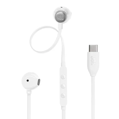 Bild av JBL Tune 305 C Trådanslutna In ear hörlurar med Hi Res certifierad ljud, fjärrkontroll 3 knappar och mikrofon, platt trasselfri kabel, vit