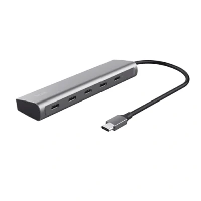 Bild av Trust Halyx 5 portars USB C hub, 4 x och 100 W PD strömport, snabb Gbit/s datahastighet, splitter förlängningskabel, adapter för PC, dator, bärbar Macbook Pro silver