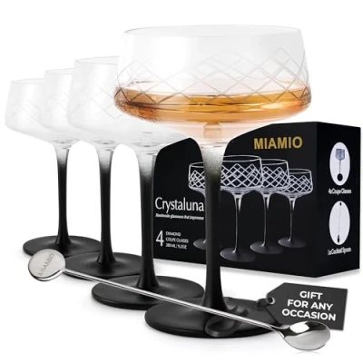 Bild av MIAMIO 280 ml Coupe glasögon set om 4 med barsked, handblåsta kristallcocktailglas svart stjälk, unika cocktailglas, Vodka Martini glas, Champagne Crystaluna Collection