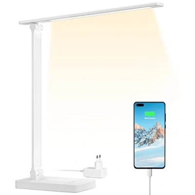 Bild av Lepro 15 W LED skrivbord med USB port, dimbara skrivbordslampor, 96 LED, 655 LM, kraftfull, justerbar fot, modern, touch kontroll, anti bländning för läsning, arbete, manikyr sömnad vit