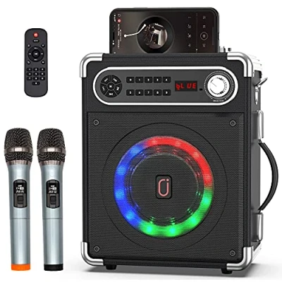 Bild av JYX karaoke system med 2 trådlösa mikrofoner, bärbart PA högtalare höjd/bas och LED ljus, stöder TWS, USB/TF/FM radio, rec, försörjning för fest, utomhus, inomhus