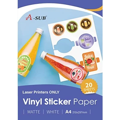 Bild av A SUB Vit matt premium vattentätt utskrivbart vinyldekalpapper, självhäftande vinyletiketter för Laserskrivare, A4 storlek, 20 ark