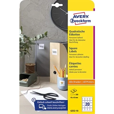 Bild av AVERY Zweckform 6252 10 fyrkantiga etiketter (200 självhäftande etiketter, 45 x mm till A4, QR kod klistermärken för tryck, självhäftande, permanent kodetiketter) ark, vit
