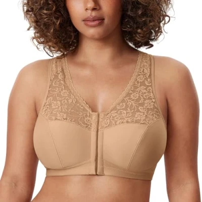 Bild av DELIMIRA Kvinnors Främre Stängda Bh:ar Racerback Plus Size Full Täckning Trådlös Bh Spets Naturlig 95B