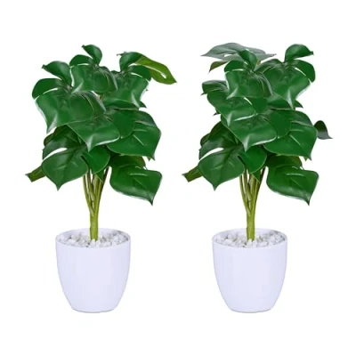 Bild av Relaxdays Konstväxt Monstera, uppsättning av 2 konstgjorda växter, i kruka, plastväxter, H x D: 33 20 cm, grön/vit