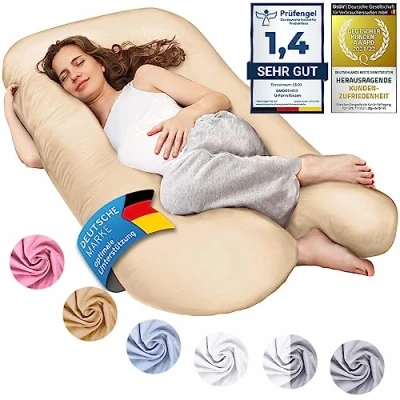Bild av SMOOTHY XXL Graviditetskudde för sidosovare, stödkudde, babykudde och amningskudde i U form med avtagbart tvättbart överdrag av 100% bomull (Classic XXL, 150 x 80 cm, beige)